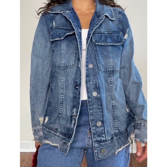 Blank NYC Women's Distressed Oversized Denim Jacket, Blue - Size S - Picture 1 of 9